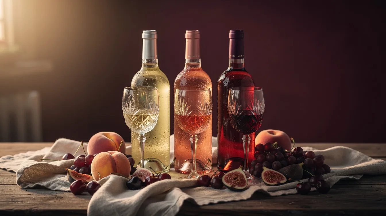 Chilled bottles of white, rosé, and red wine on a sunny outdoor table.
