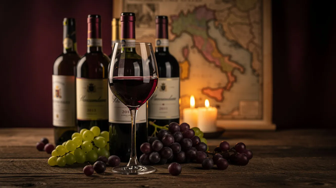 A moody Italian wine bottle and filled glass beside a regional map in deep burgundy light.