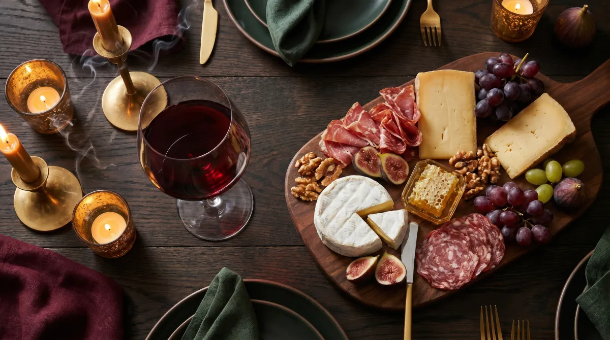 A glass of red wine beside a cheese and charcuterie board on a dark table